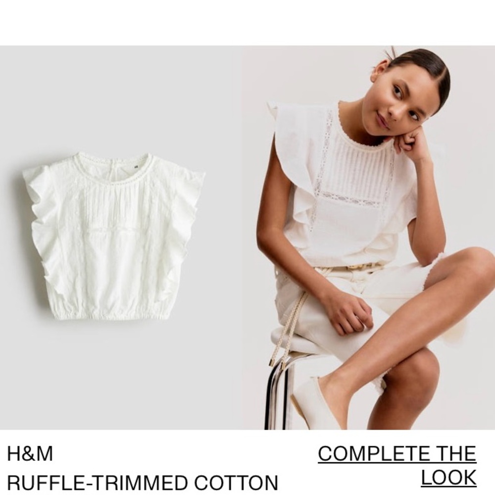 H&M Girls Size 13-14 White Ruffle-Trimmed Cotton Blouse